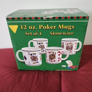 Royal Flush Poker Hand VTG Playing Card Print White Ceramic Coffee Cups Set 4